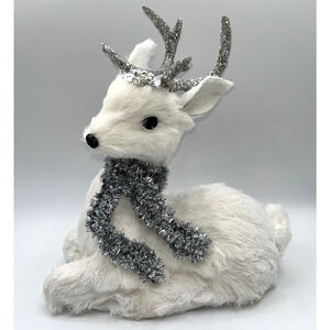 WHITE CHRISTMAS DEER GLITTER SILVER ANTLERS POINSETTIA HAT SILVER SCARF 11 INCH